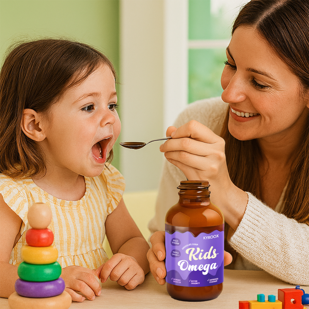 Kyroox JuniorBliss Gold Kids Omega 3 6 9 with Omega 3 300MG (DHA 100mg EPA 30mg ALA 170mg) Vitamin A C D E Multivitamin Supplement- Chocolate Flavor Syrup