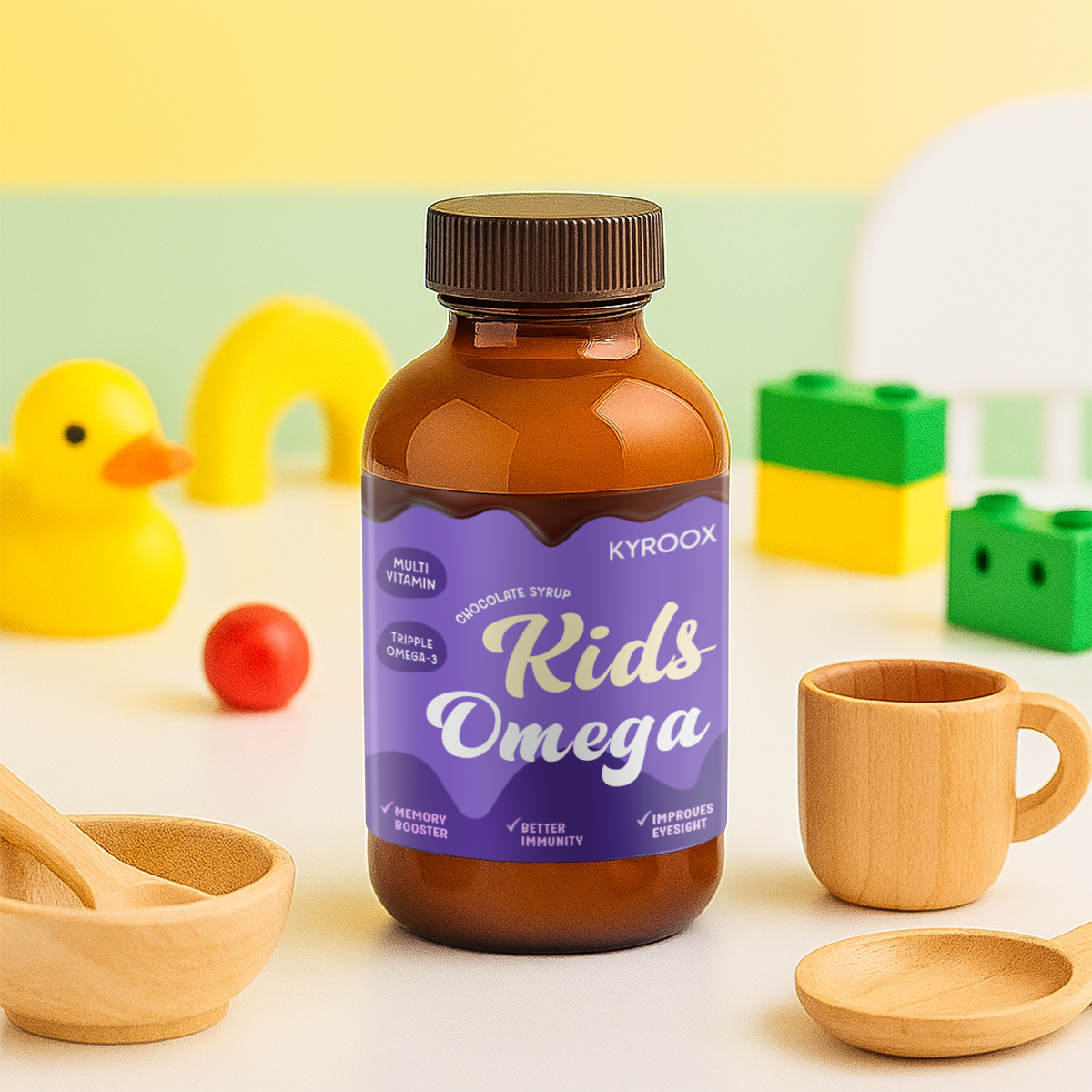 Kyroox JuniorBliss Gold Kids Omega 3 6 9 with Omega 3 300MG (DHA 100mg EPA 30mg ALA 170mg) Vitamin A C D E Multivitamin Supplement- Chocolate Flavor Syrup